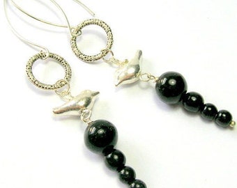 Black & Silver Bird Earrings - Sterling Silver Ear Wires - Handmade in Ireland