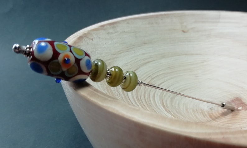 Green Brown Blue Spotted Art Bead Hat Pin 5 Inches Handmade Lampwork Glass Beads