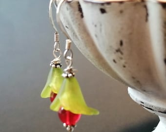 Kitsch Lily Flower Earrings - Green /Red - Sterling Silver Ear Wires - Handmade in Ireland