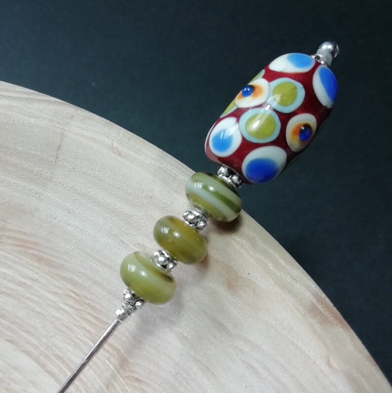 Green Brown Blue Spotted Art Bead Hat Pin 5 Inches Handmade Lampwork Glass Beads