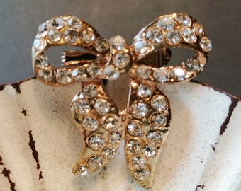 Vintage Clear Crystal Bow Brooch - Gold Tone Base - 1950s