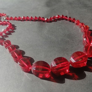 Art Deco Ruby Red Glass Necklace - Hand Knotted 0n Silk - Vintage 1930s