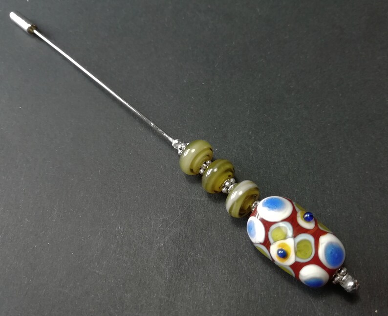 Green Brown Blue Spotted Art Bead Hat Pin 5 Inches Handmade Lampwork Glass Beads