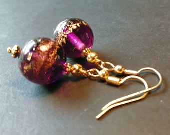 Genuine Murano Glass Earrings - Purple/Gold Foil - Handmade in Ireland