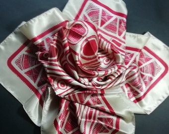 Vintage Red and Cream Scarf - Geometric Pattern - 1980s - La Redoute