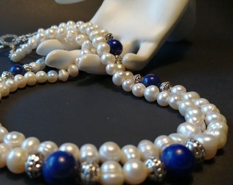 Pearl and Lapis Two Strand Necklace - Handmade in Ireland