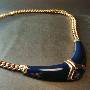 Vintage Dark Blue Bib Necklace - Gold Tone Chain - 1980s