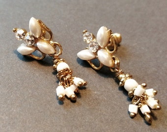 Vintage White Oriental Style Earrings - White /Faux Pearl/Gold Tone - Pierced Ears - 1950s