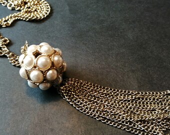 Vintage Long Necklace - Faux Pearl Ball Pendant and Tassel - Gold Tone - 1950s