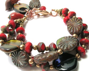 Red Glass Multistrand Bracelet - Artisan Art Beads - Handmade in Ireland