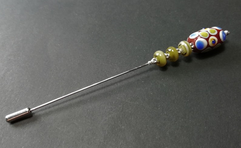 Green Brown Blue Spotted Art Bead Hat Pin 5 Inches Handmade Lampwork Glass Beads