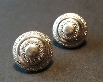 Vintage Silver Tone Earrings - Circular - Textured Metal - Clip on - 1950s