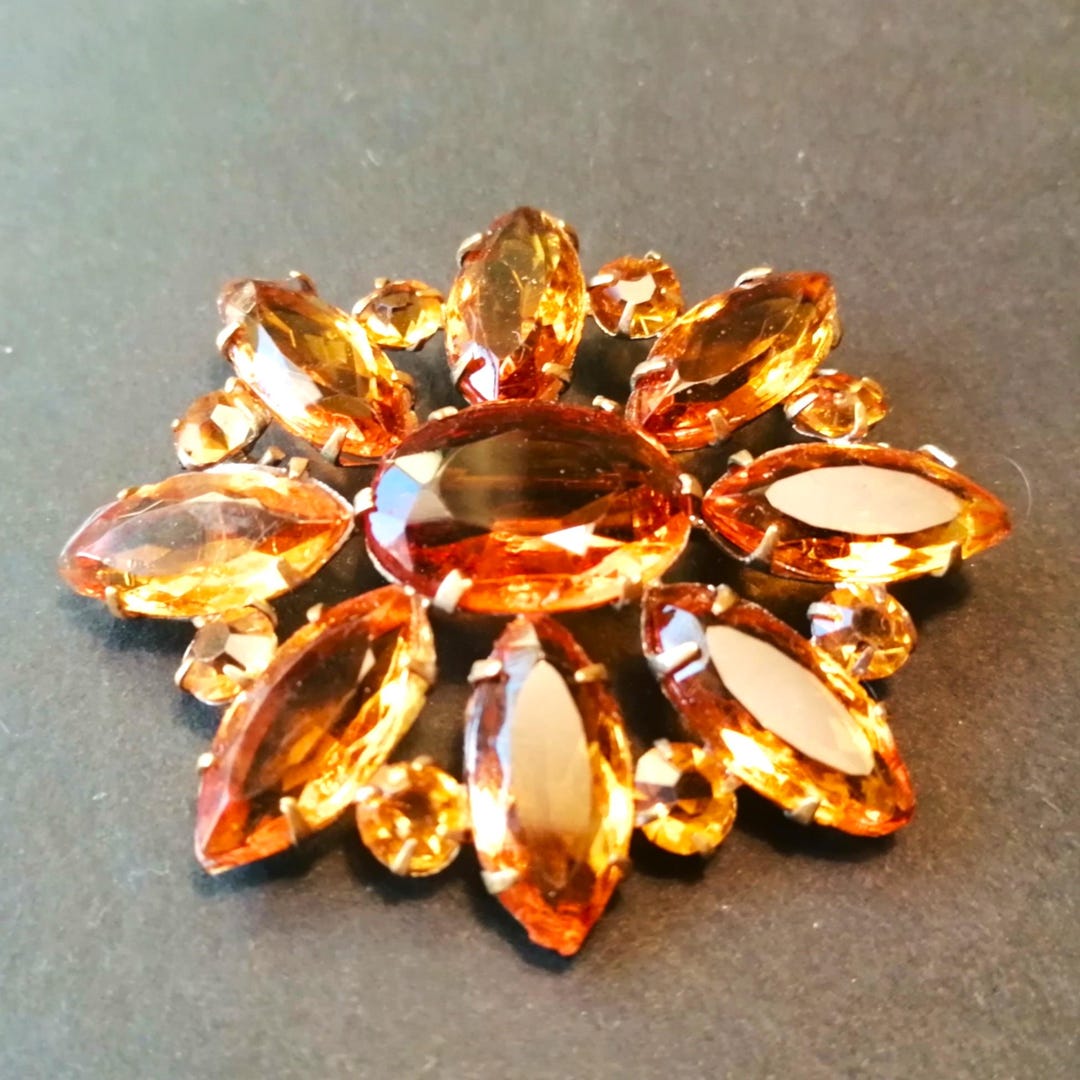 1940s Burnt Orange Rhinestone Brooch Large Oval Floral Gold Tone Base ...