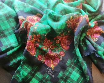 Vintage Green/Navy Tartan Scarf with Paisley - Frayed Edges - Irish Linen - 1970s - Richard Malcolm