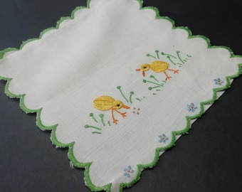1950s Irish Linen Hankie Case - Chickens - Vintage Embroidered Chicks Handkerchiefs/Lingerie Case