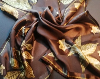 JONES NEW YORK Silk Scarf - Brown/Beige Leaves - Vintage 1970s