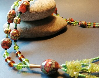 Art Glass Tassel Necklace - Orange Rust/Green - Handmade in Ireland - Statement Jewellery