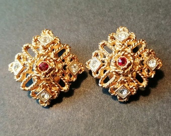 Vintage Gold Tone Earrings with Clear and Red Crystal Rhinestones - 1950s - Signed WEST - Clip On
