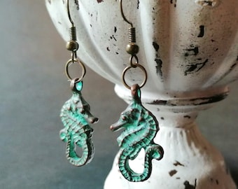 Seahorse Earrings - Bronze Patina Verdigris - Handmade in Ireland