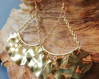 Large Gold Tone Wavy Disc Dangle Earrings - Handmade in Ireland