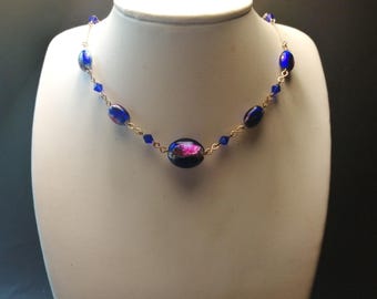Art Deco Murano Glass Necklace: Blue Silver Foil Beads, Gold Tone Links