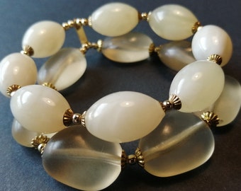 Vintage Cream Lucite Bracelet - Chunky Double Strand - Elasticated - 1950s