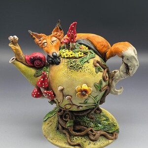 Whimsical Tea Pot, Decorative Ceramic Pottery, Hand Made Sculpture, Autumn Days Design