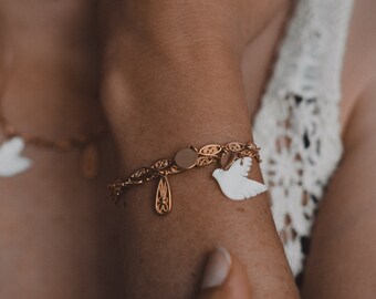 JOY bracelet, gold bracelet with adjustable fine gold, women's jewel, mother-of-pearl bird, two towers