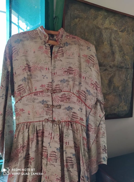40s Japanese Rayon Satin Embroidered Wartime Gown
