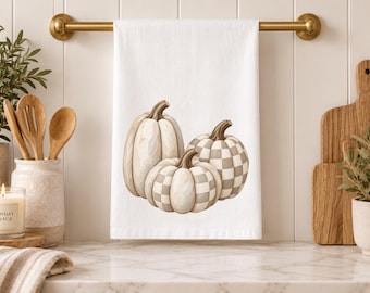 Pumpkin Trio Tea Towel Cream Beige Checkered Fall Kitchen Decor Classic Preppy Hostess Housewarming Thanksgiving Gift