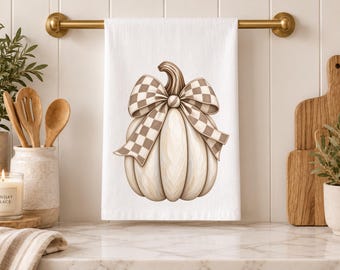 Cream Pumpkin Checkered Bow Tea Towel Classic Coquette Fall Kitchen Decor Preppy Kitchen Towel Hostess Housewarming Gift