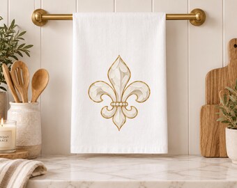 Cream Gold Fleur de Lis Tea Towel Classic Louisiana Kitchen Decor Preppy Kitchen Towel Timeless Hostess Housewarming Elegant Wedding Gift