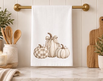 Pumpkin Trio Bow Fall Tea Towel Neutral Checkered Kitchen Decor Cream Autumn Thanksgiving Hostess Gift