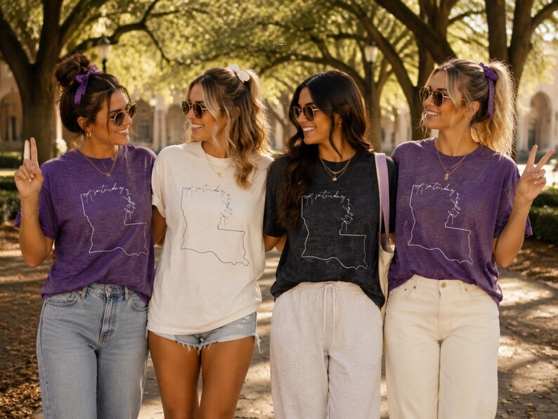 May include: Four short-sleeved t-shirts in purple, cream, and charcoal gray, each featuring a white line-art outline of the state of Louisiana with floral accents and the cursive text "saturday night" printed on the front chest area.