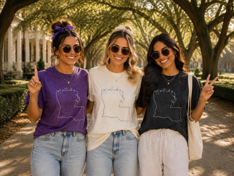 May include: Three short-sleeve crew neck t-shirts in purple, cream, and charcoal gray. Each shirt features a white line-art outline of the state of Louisiana with the cursive text "saturday night" integrated into the design on the front chest.