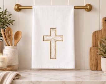 Cream Gold Cross Tea Towel Classic Christian Kitchen Decor Faith Kitchen Towel Timeless Hostess Housewarming  Elegant Wedding Gift