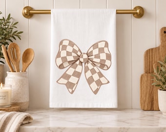 Beige and Cream Checkered Bow Tea Towel Classic Coquette Kitchen Decor Preppy Towel Timeless Hostess Gift Housewarming Gift Wedding Gift