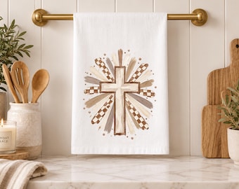 Cream Checkered Cross Tea Towel Classic Christian Kitchen Decor Preppy Faith Kitchen Towel Hostess Housewarming Wedding Gift