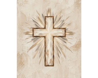 Neutral Textured Watercolor Radiant Cross Poster | Matte Religious Wall Art