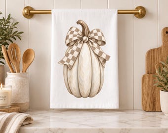 Tall Cream Pumpkin Checkered Bow Tea Towel Classic Coquette Fall Kitchen Decor Preppy Kitchen Towel Hostess Housewarming Gift