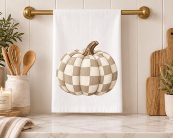 Beige Checkered Pumpkin Tea Towel Classic Fall Kitchen Decor Preppy Kitchen Towel Hostess Housewarming Thanksgiving Gift