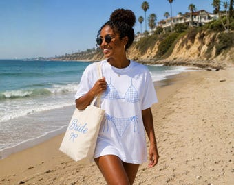 Bachelorette Shirts Gingham Oversized Shirt Bach Trip Shirt Personalize Bride Club Beach Bikini Tee Bridesmaid Gift Matching Party Cover Up