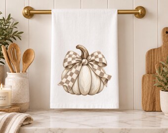 Cream Pumpkin Checkered Bow Tea Towel Classic Coquette Fall Kitchen Decor Preppy Kitchen Towel Hostess Housewarming Gift