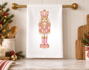 Classic Tall Hat Nutcracker Tea Towel Pink Christmas Kitchen Decor Vintage Preppy Holiday Hostess Gift 100% Cotton Flour Sack Towel