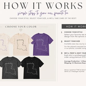 May include: Five short-sleeved t-shirts in cream, light pink, purple, dark gray, and black. Each shirt features a white outline of the state of Louisiana with the word Saturday written in cursive script along the right side of the state border.