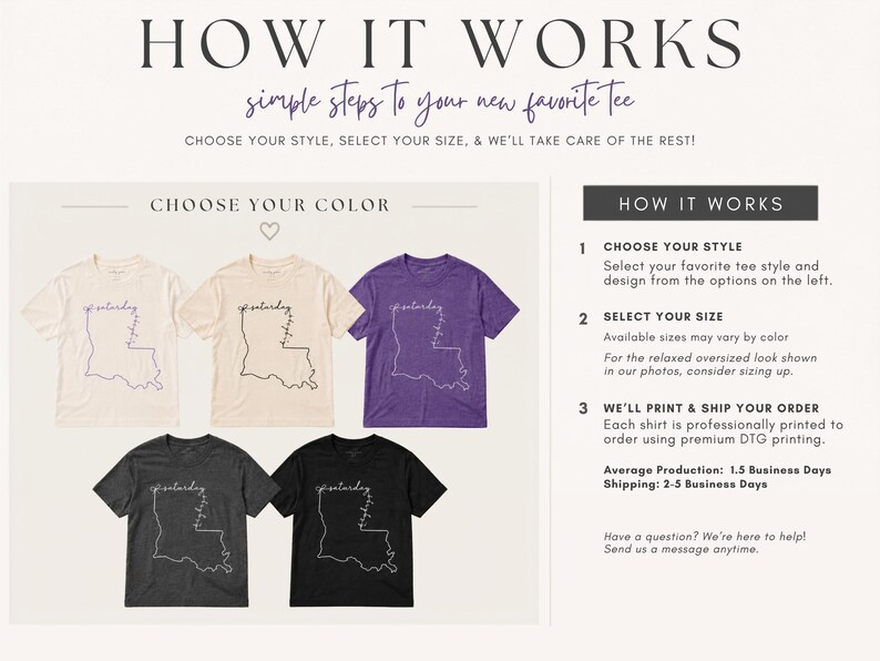May include: Five short-sleeved t-shirts in cream, light pink, purple, dark gray, and black. Each shirt features a white outline of the state of Louisiana with the word Saturday written in cursive script along the right side of the state border.