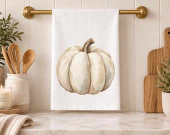 Cream Painted Pumpkin Tea Towel Classic Fall Kitchen Decor Timeless Kitchen Towel Hostess Housewarming Thanksgiving Gift