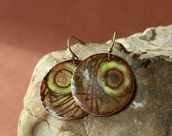 Art Copper Enamel Earrings for Women, Handmade Jewelry Gift for Her, Colorful Dangle Earrings