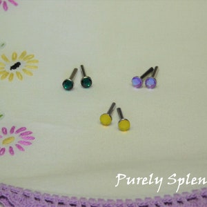 Emerald, Yellow and Purple Crystal Doll Studs, Perfect fit for Girl Dolls w/2mm hole, wear alone or w/ear dangles, American made