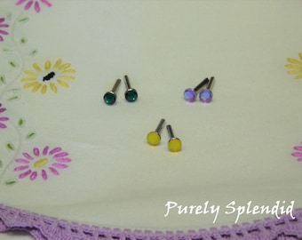 Emerald, Yellow and Purple Crystal Doll Studs, Perfect fit for Girl Dolls w/2mm hole, wear alone or w/ear dangles, American made